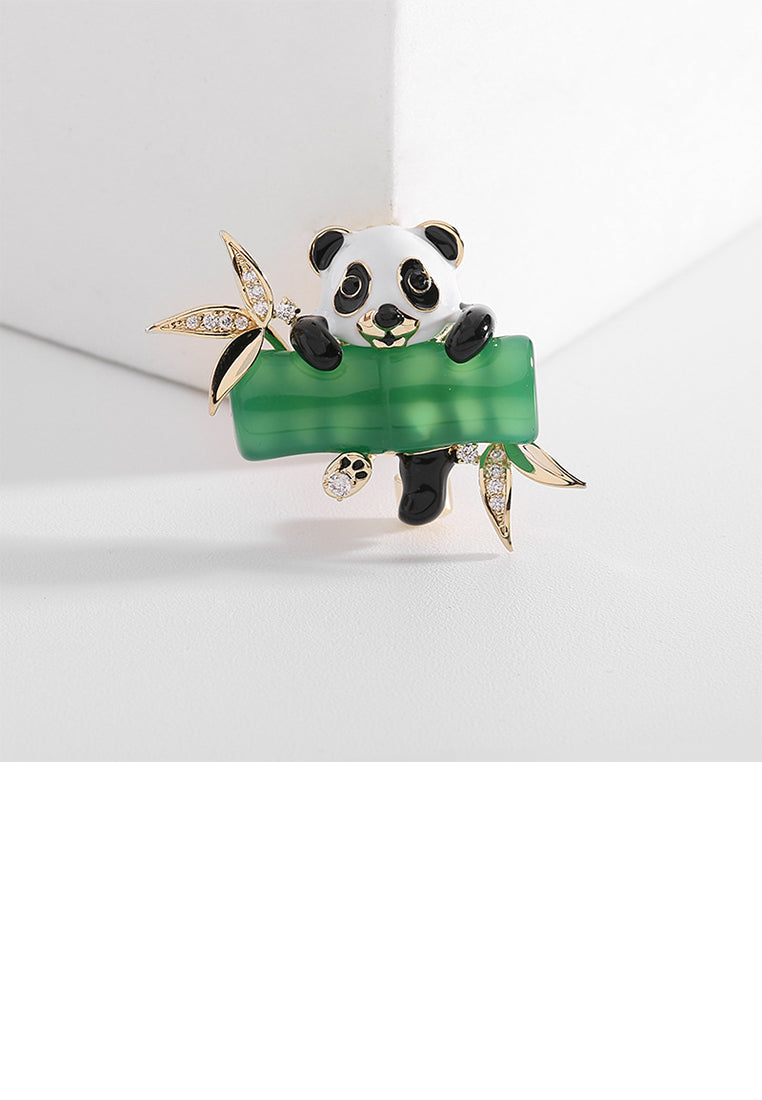 Fashion Cute Plated Gold Panda Bamboo Brooch with Cubic Zirconia - Luxurious Look