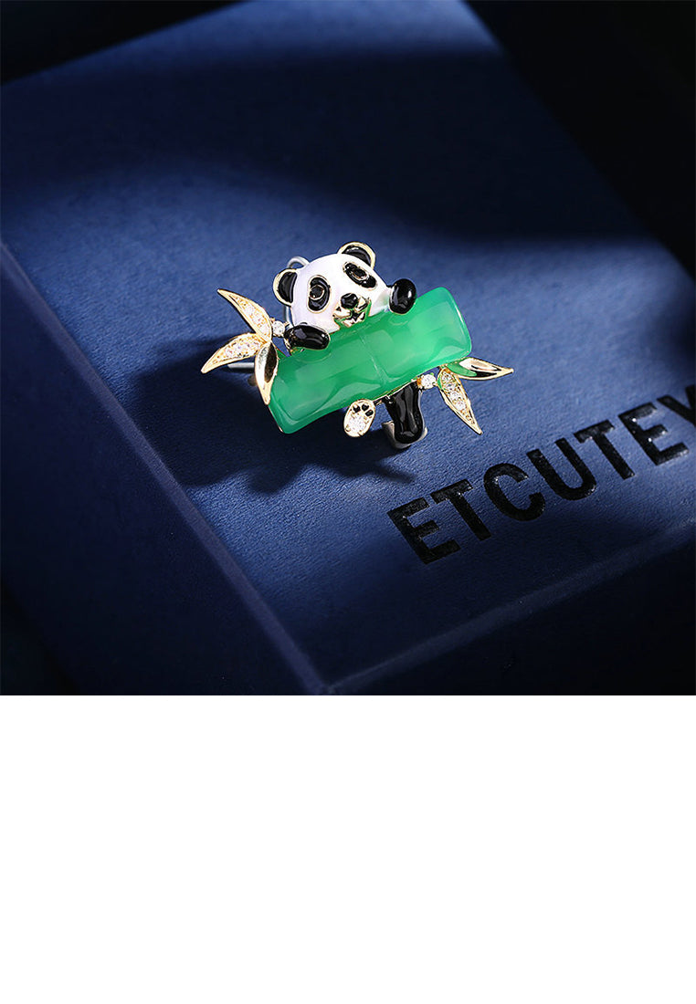 Fashion Cute Plated Gold Panda Bamboo Brooch with Cubic Zirconia - Luxurious Look