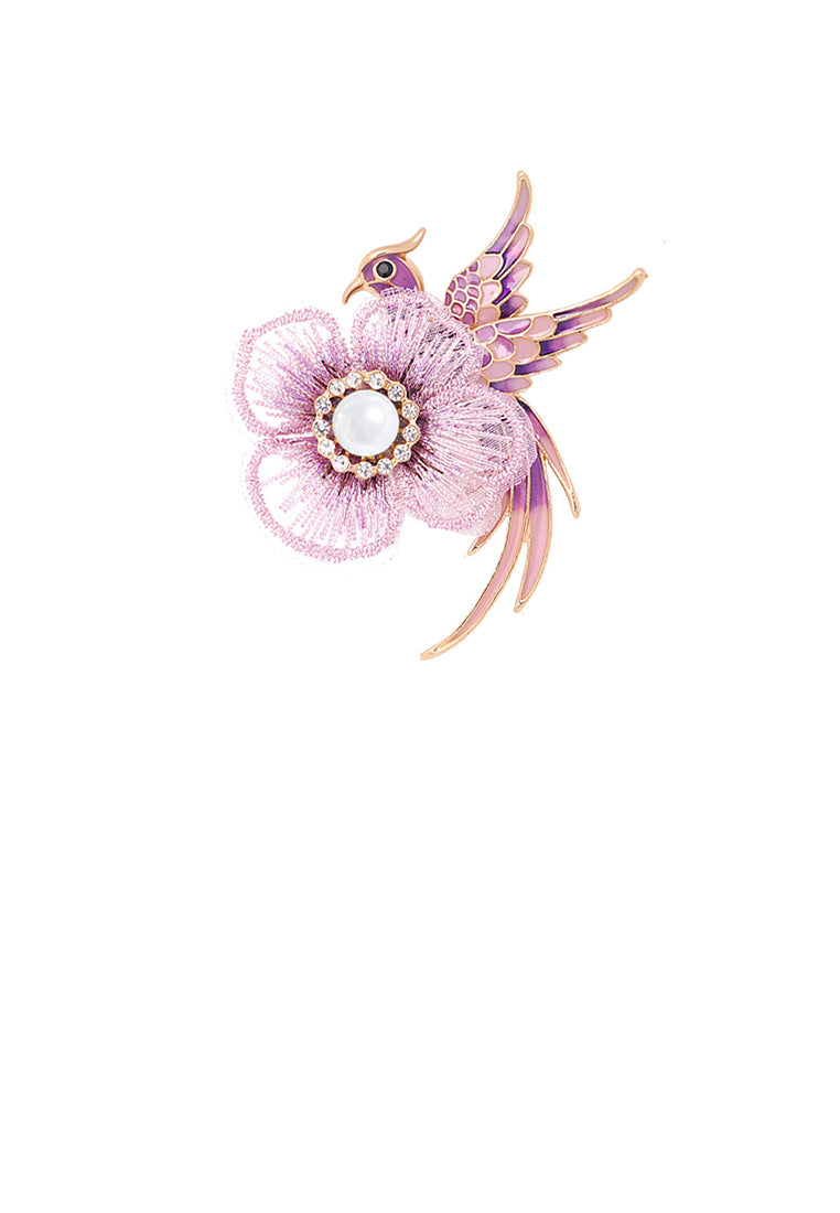 Fashion Temperament Plated Gold Embroidered Flower Enamel Pink Bird Brooch - Vibrant Color