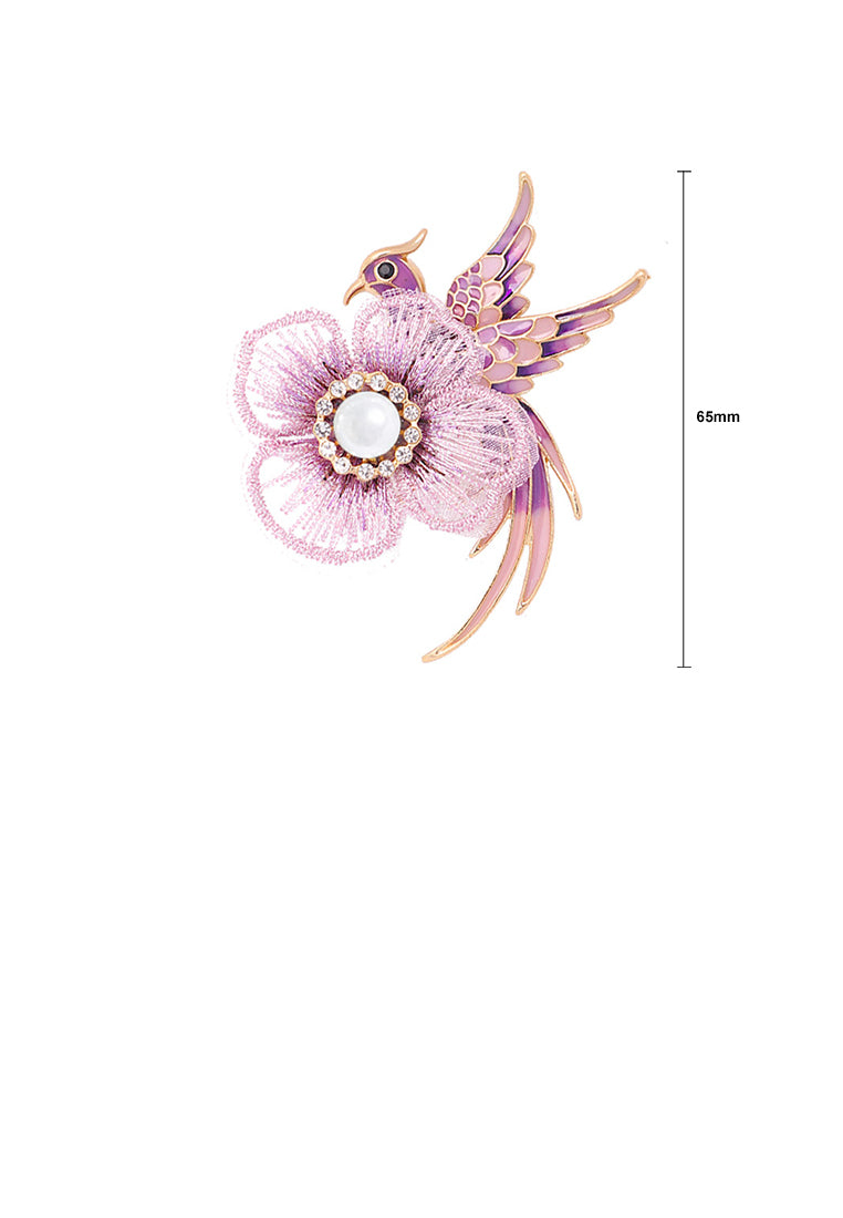 Fashion Temperament Plated Gold Embroidered Flower Enamel Pink Bird Brooch - Vibrant Color
