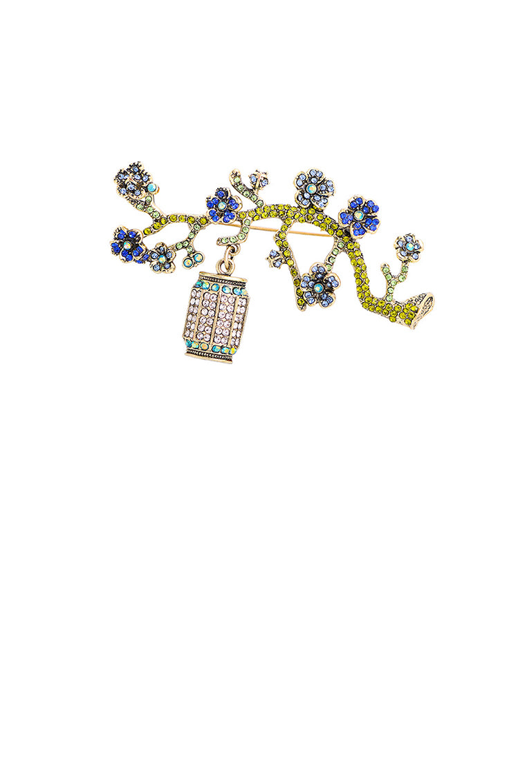 Fashion Brilliant Plated Gold Plum Flowerpot Brooch with Blue Cubic Zirconia - Luxurious Look