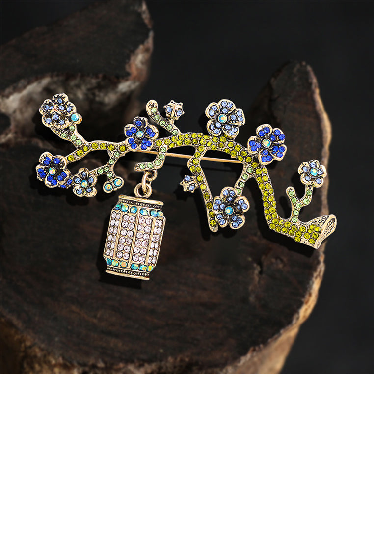 Fashion Brilliant Plated Gold Plum Flowerpot Brooch with Blue Cubic Zirconia - Luxurious Look
