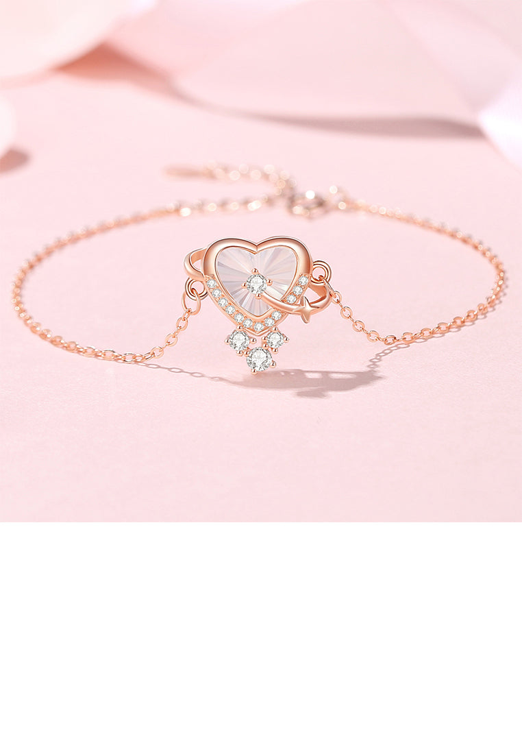 925 Sterling Silver Plated Rose Gold Fashion Simple Heart-shaped Mother-of-pearl Planet Bracelet with Cubic Zirconia - Luxurious Look