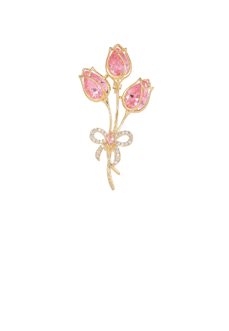 Fashion Elegant Plated Gold Ribbon Rose Brooch with Pink Cubic Zirconia - Luxurious Look - Vibrant Color