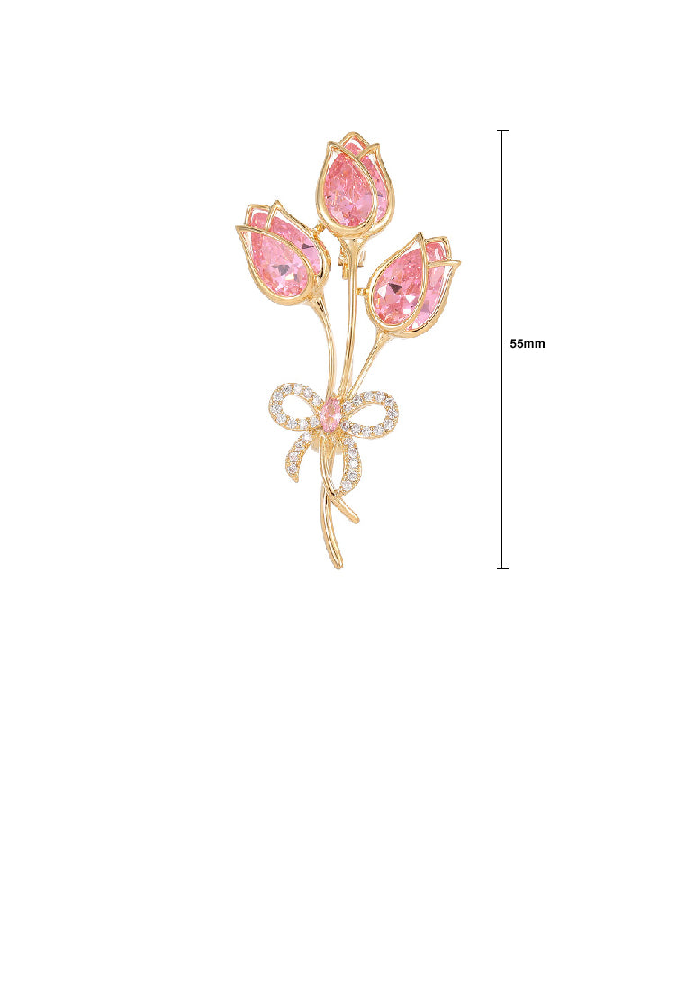 Fashion Elegant Plated Gold Ribbon Rose Brooch with Pink Cubic Zirconia - Luxurious Look - Vibrant Color