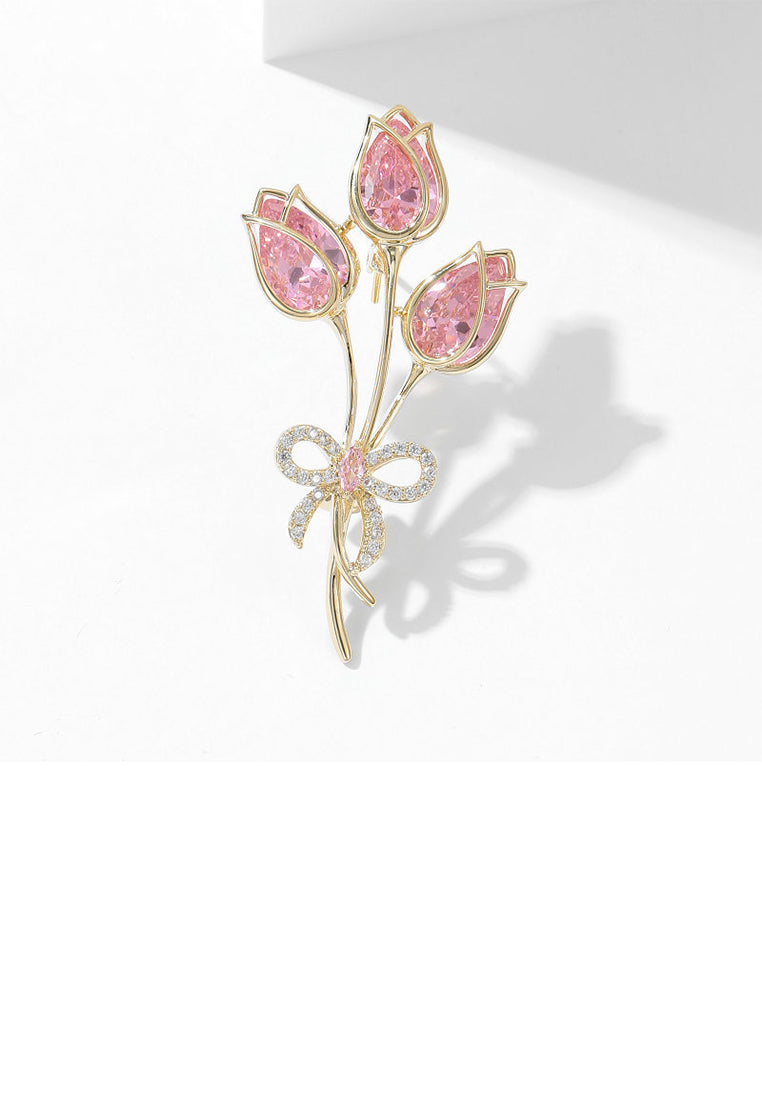 Fashion Elegant Plated Gold Ribbon Rose Brooch with Pink Cubic Zirconia - Luxurious Look - Vibrant Color