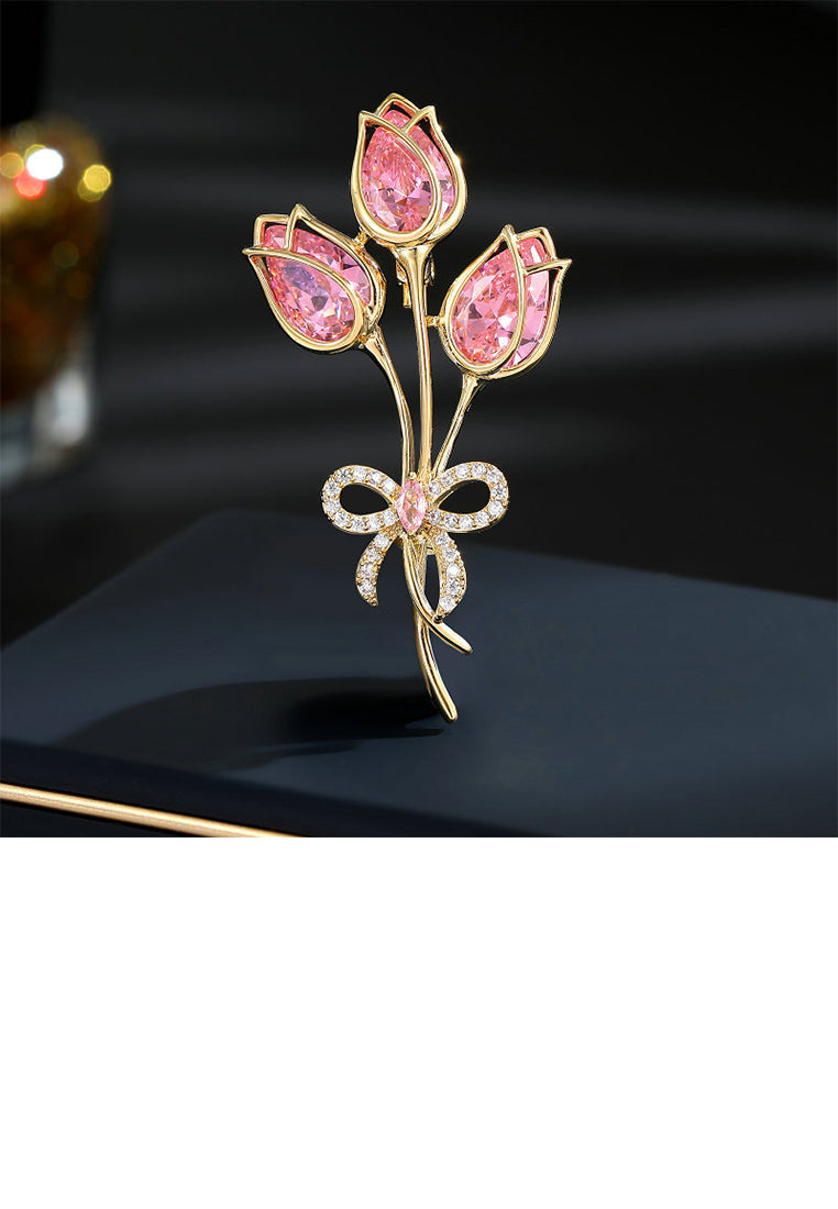 Fashion Elegant Plated Gold Ribbon Rose Brooch with Pink Cubic Zirconia - Luxurious Look - Vibrant Color