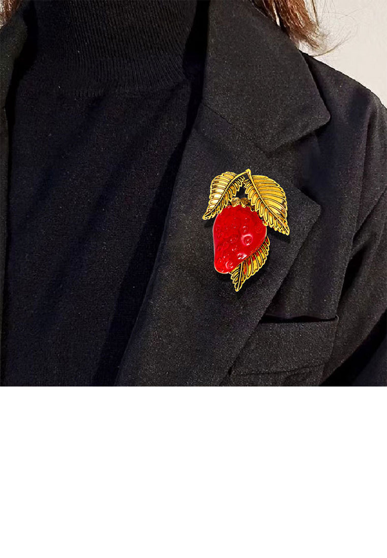 Simple and Fashion Plated Gold Enamel Red Strawberry Brooch - Vibrant Color