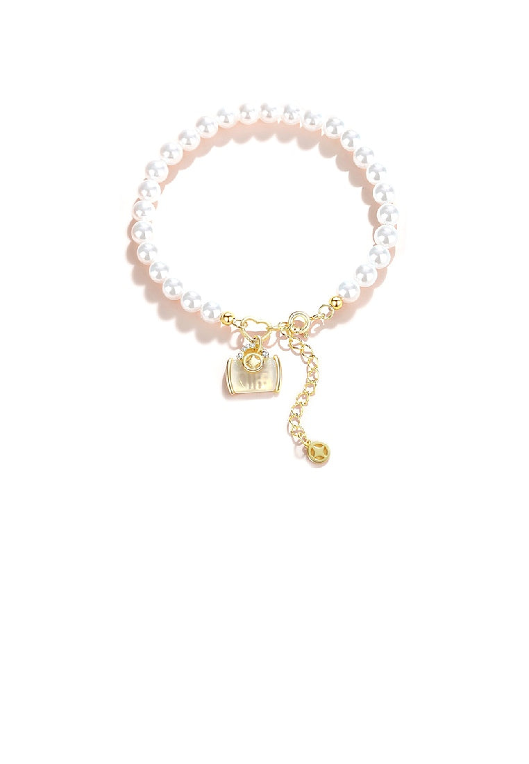 925 Sterling Silver Plated Gold Fashion Vintage Money Pouch Imitation Pearl Beaded Bracelet - Luxurious Look