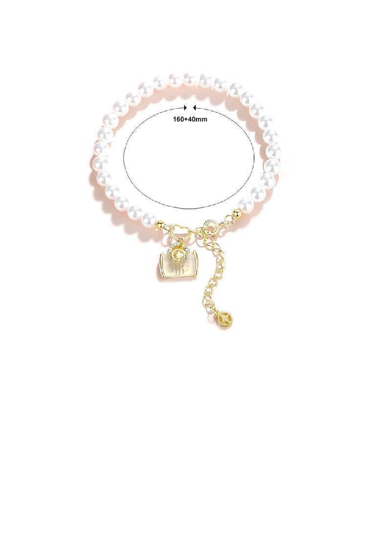 925 Sterling Silver Plated Gold Fashion Vintage Money Pouch Imitation Pearl Beaded Bracelet - Luxurious Look