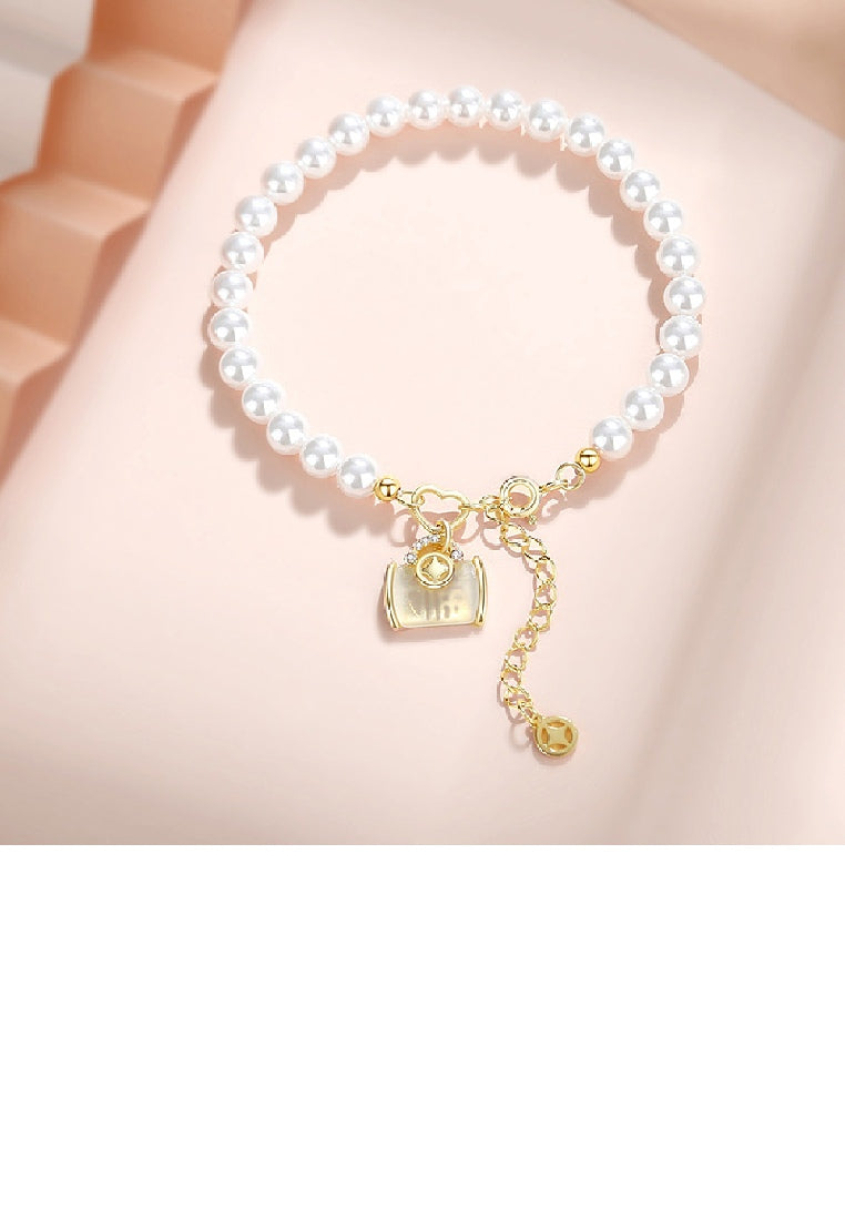 925 Sterling Silver Plated Gold Fashion Vintage Money Pouch Imitation Pearl Beaded Bracelet - Luxurious Look
