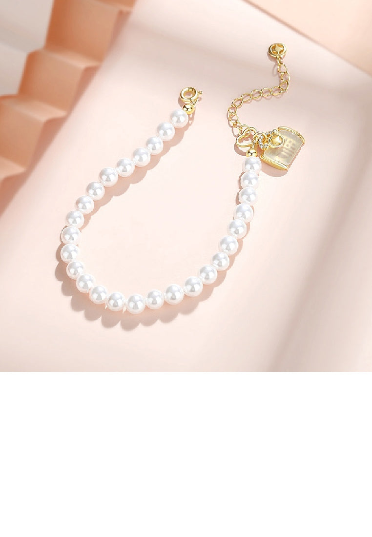 925 Sterling Silver Plated Gold Fashion Vintage Money Pouch Imitation Pearl Beaded Bracelet - Luxurious Look
