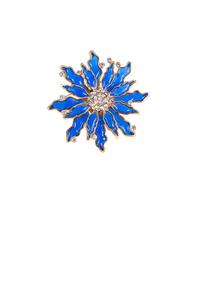 Fashion Temperament Plated Gold Enamel Blue Flower Brooch with Cubic Zirconia - Luxurious Look