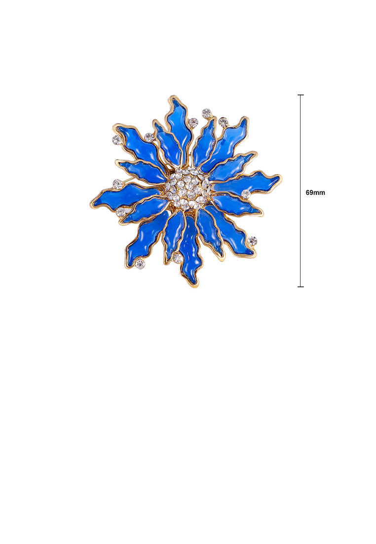Fashion Temperament Plated Gold Enamel Blue Flower Brooch with Cubic Zirconia - Luxurious Look