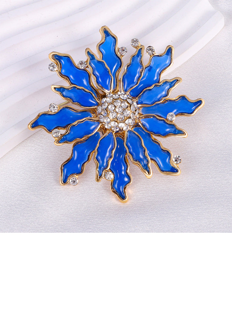 Fashion Temperament Plated Gold Enamel Blue Flower Brooch with Cubic Zirconia - Luxurious Look