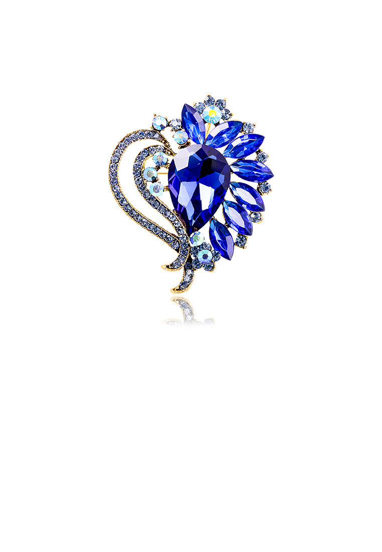 Elegant Brilliant Plated Gold Heart Floral Brooch with Blue Cubic Zirconia - Luxurious Look