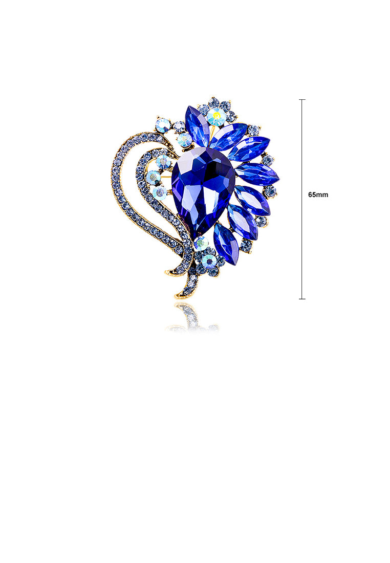 Elegant Brilliant Plated Gold Heart Floral Brooch with Blue Cubic Zirconia - Luxurious Look
