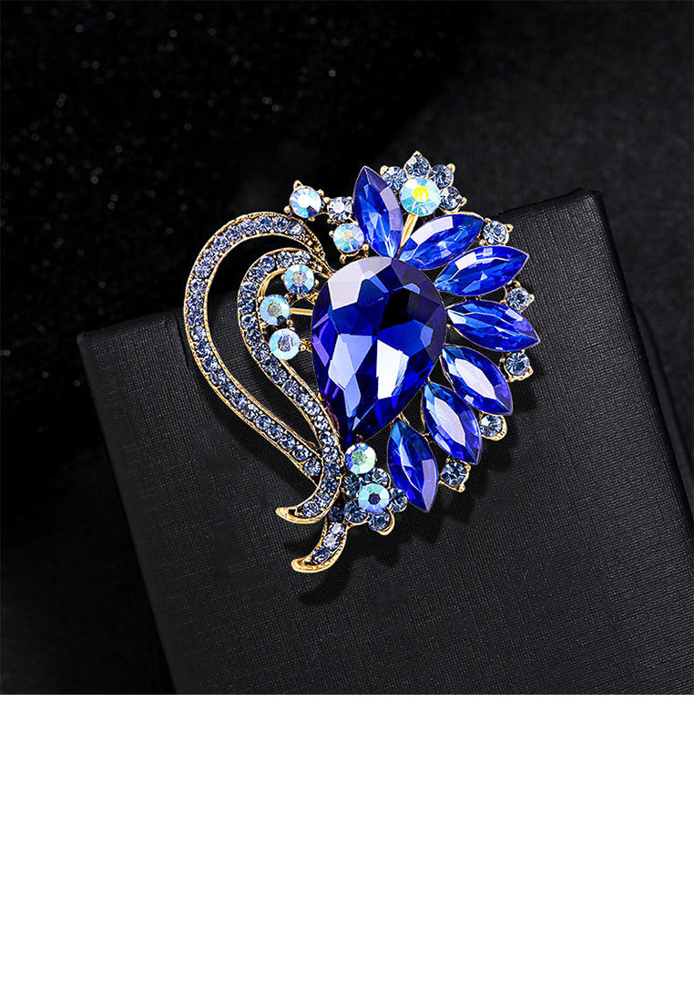 Elegant Brilliant Plated Gold Heart Floral Brooch with Blue Cubic Zirconia - Luxurious Look