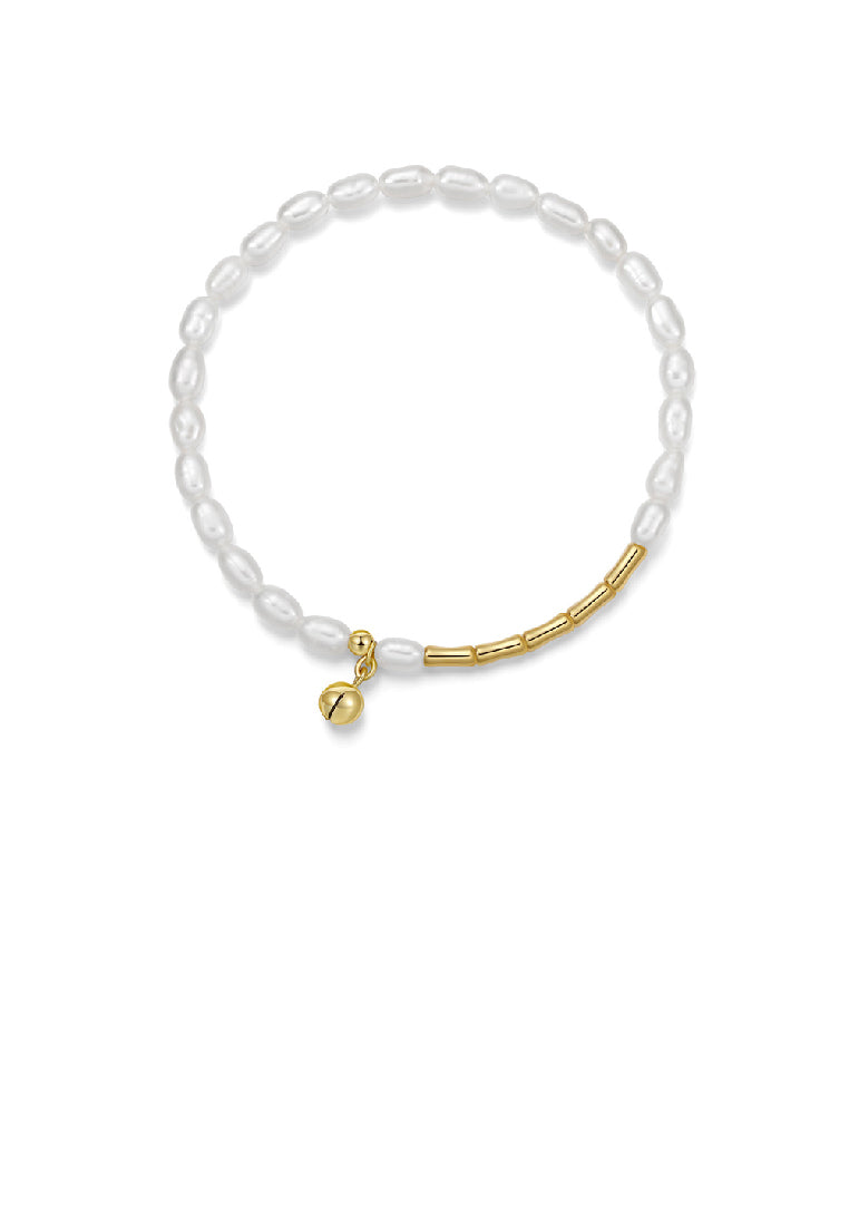 925 Sterling Silver Plated Gold Fashion Elegant Bell Freshwater Pearl Beaded Bracelet - Luxurious Look