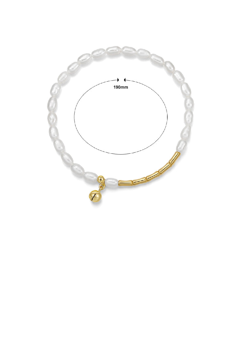 925 Sterling Silver Plated Gold Fashion Elegant Bell Freshwater Pearl Beaded Bracelet - Luxurious Look