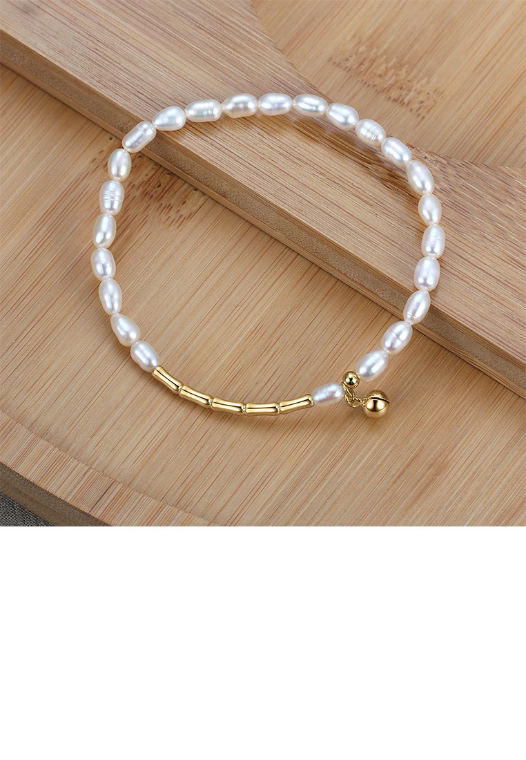 925 Sterling Silver Plated Gold Fashion Elegant Bell Freshwater Pearl Beaded Bracelet - Luxurious Look