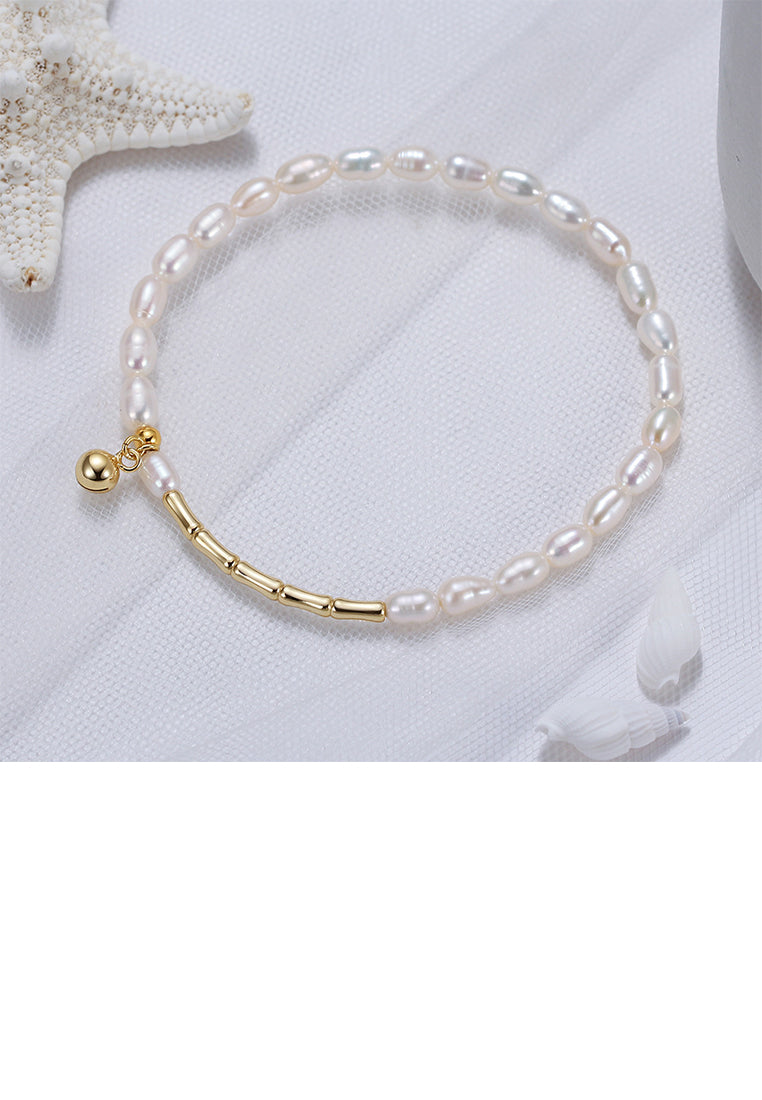 925 Sterling Silver Plated Gold Fashion Elegant Bell Freshwater Pearl Beaded Bracelet - Luxurious Look