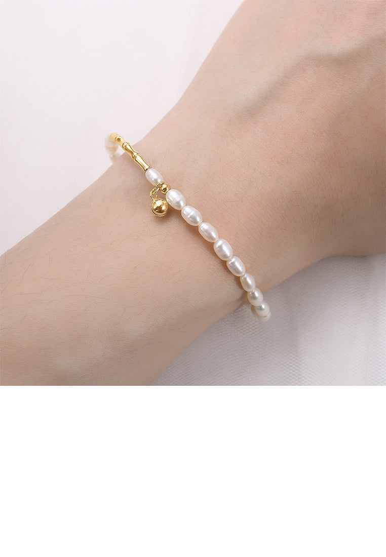 925 Sterling Silver Plated Gold Fashion Elegant Bell Freshwater Pearl Beaded Bracelet - Luxurious Look