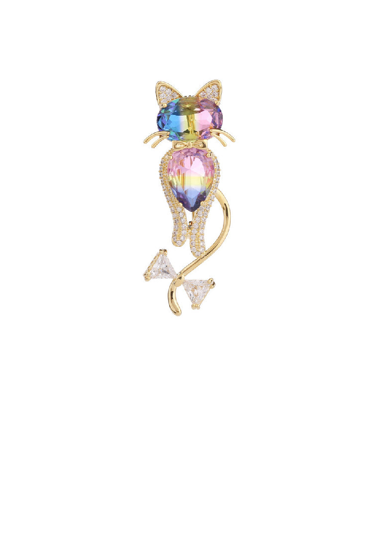 Simple and Cute Plated Gold Cat Brooch with Colorful Cubic Zirconia - Luxurious Look