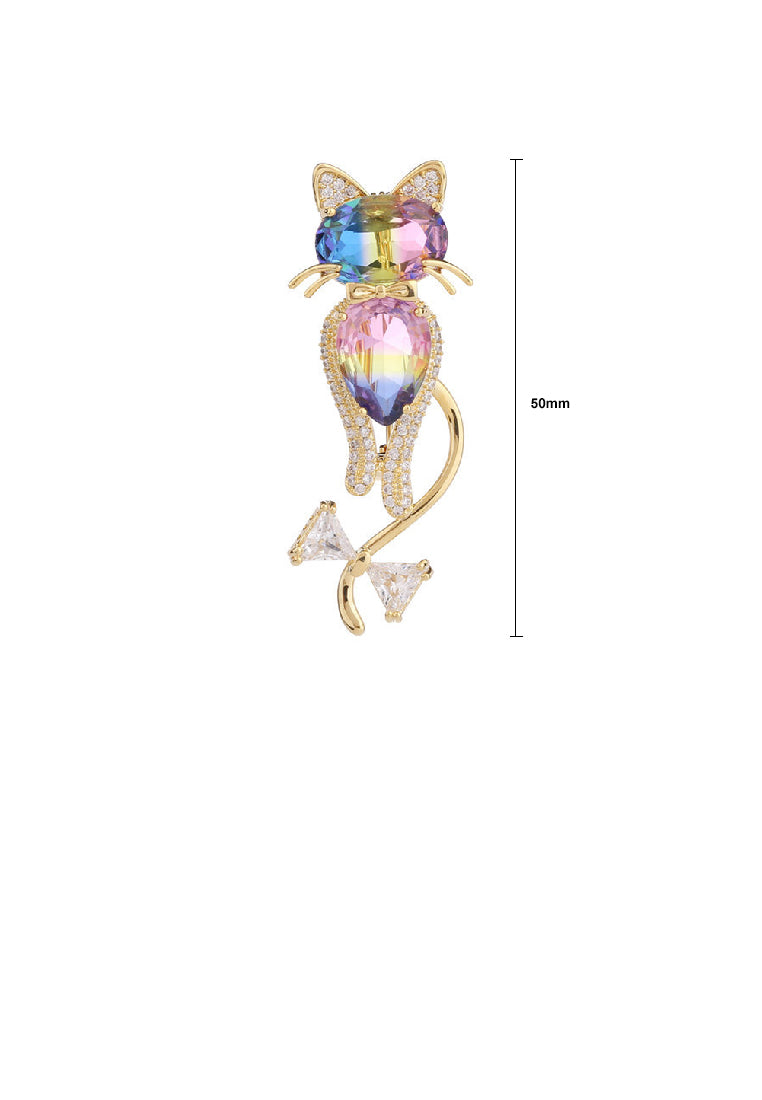 Simple and Cute Plated Gold Cat Brooch with Colorful Cubic Zirconia - Luxurious Look
