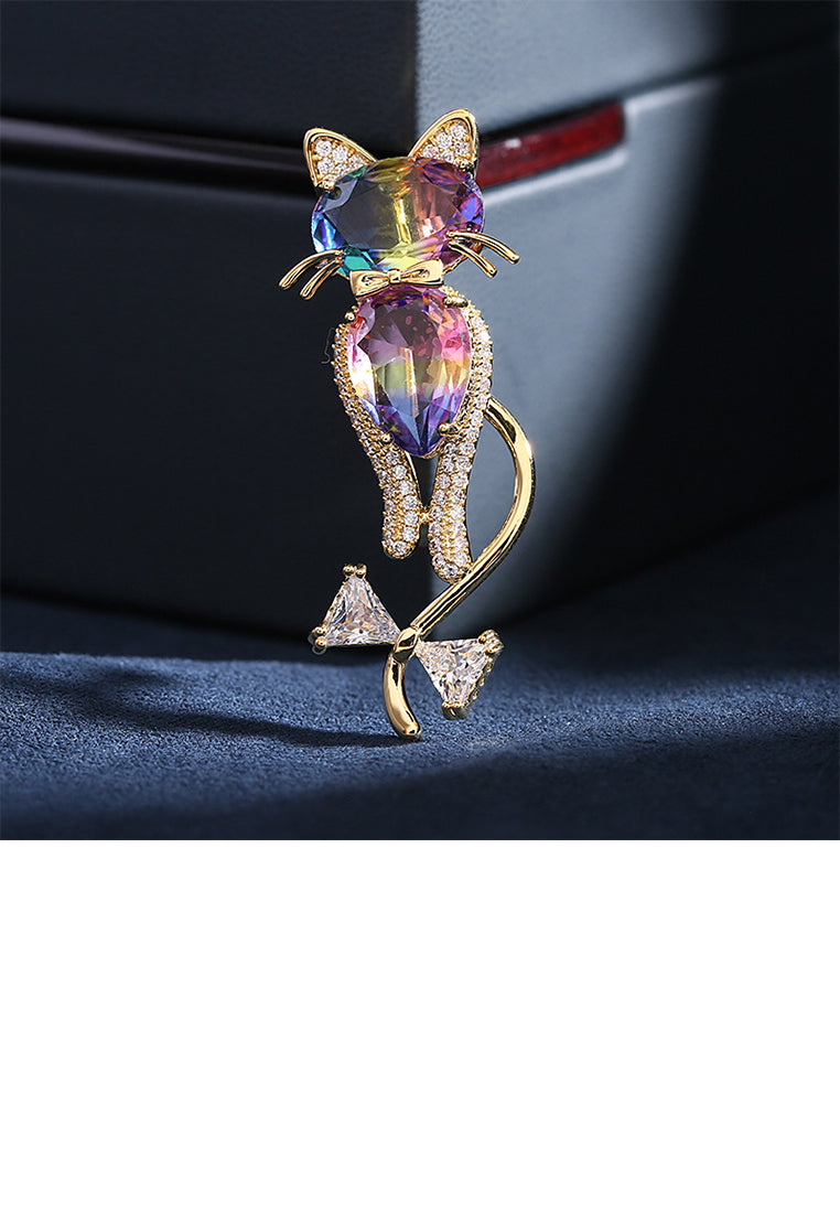 Simple and Cute Plated Gold Cat Brooch with Colorful Cubic Zirconia - Luxurious Look