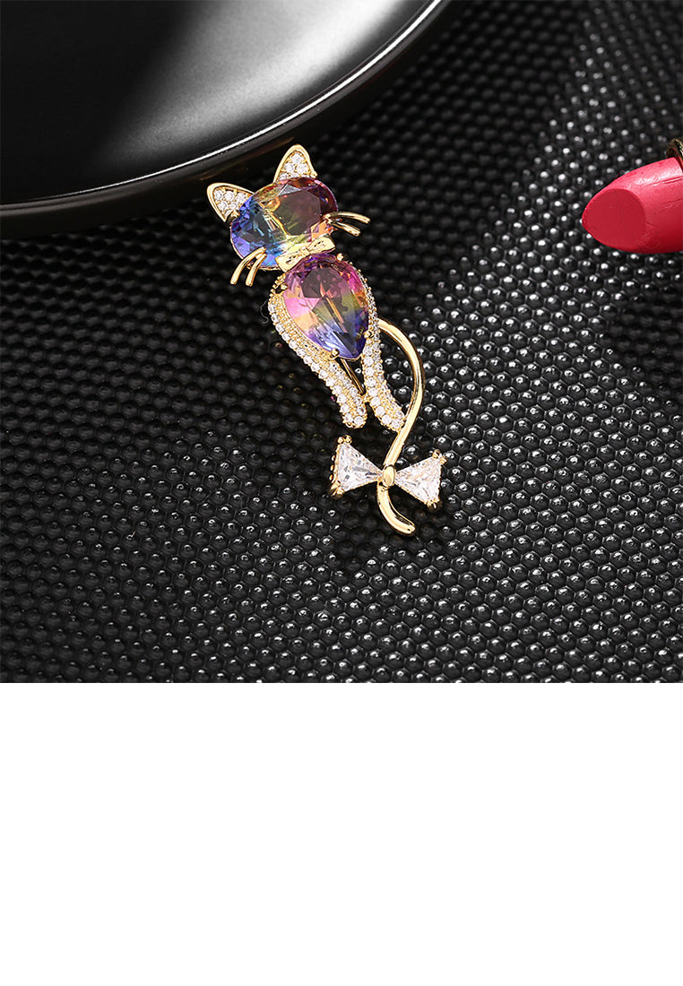 Simple and Cute Plated Gold Cat Brooch with Colorful Cubic Zirconia - Luxurious Look