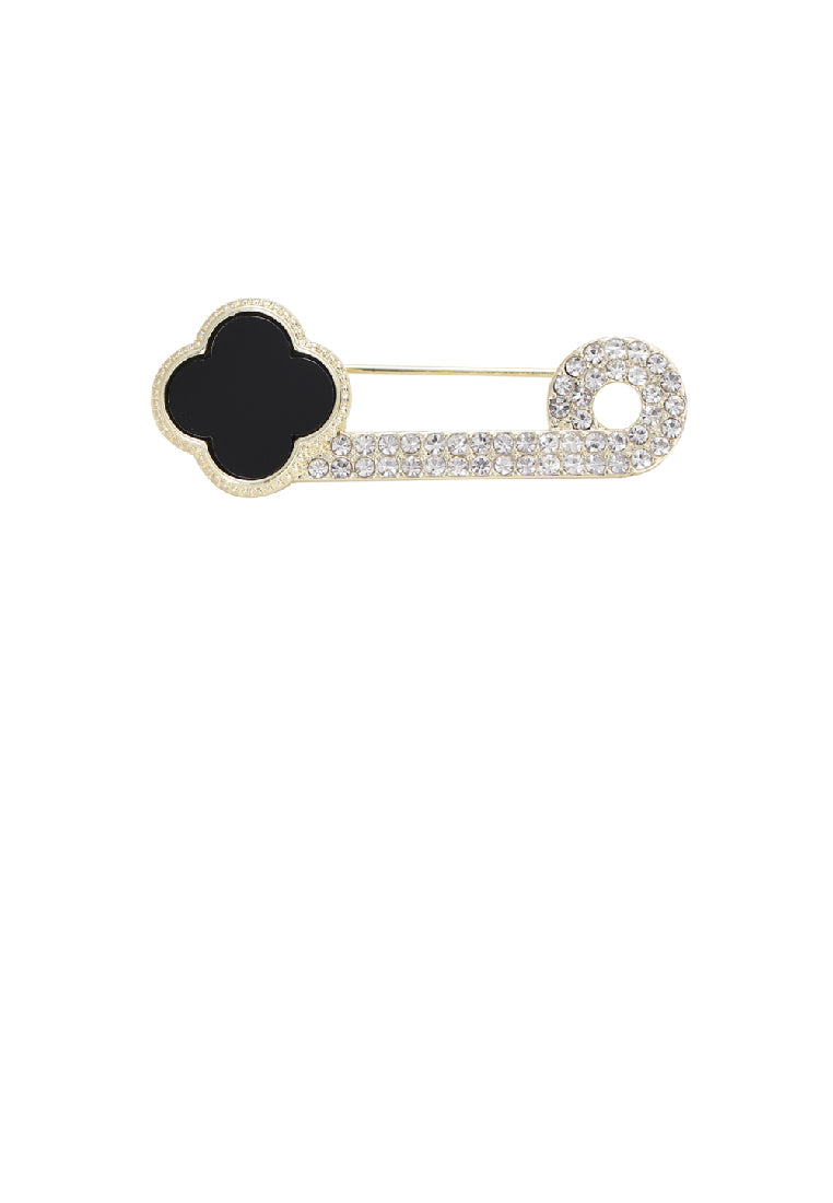 Fashion Simple Plated Gold Enamel Black Four-Leafed Clover Paperclip Brooch with Cubic Zirconia - Luxurious Look