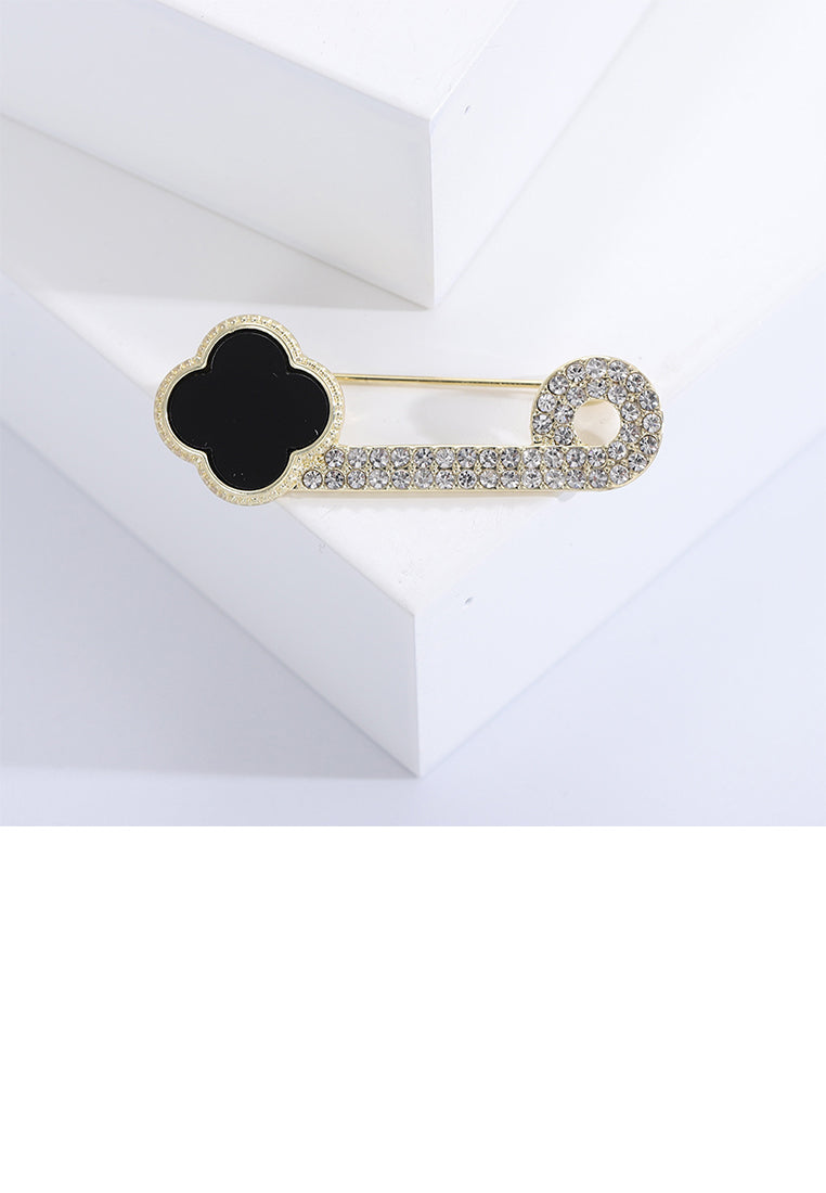 Fashion Simple Plated Gold Enamel Black Four-Leafed Clover Paperclip Brooch with Cubic Zirconia - Luxurious Look