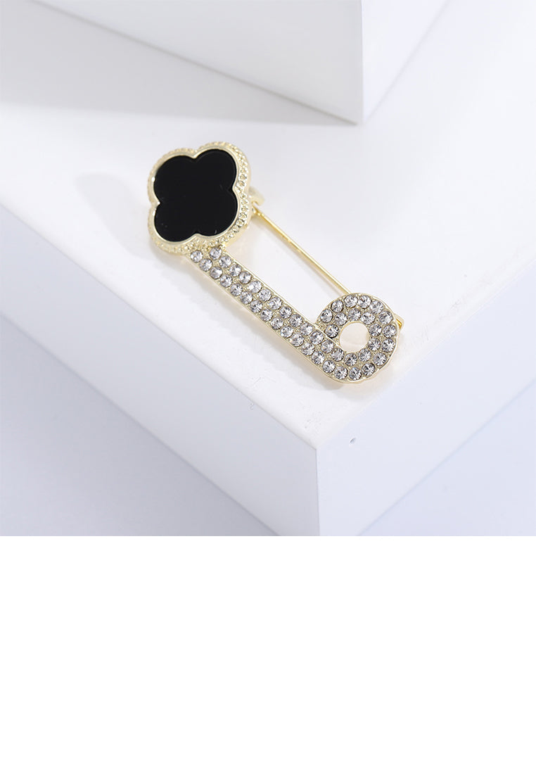 Fashion Simple Plated Gold Enamel Black Four-Leafed Clover Paperclip Brooch with Cubic Zirconia - Luxurious Look