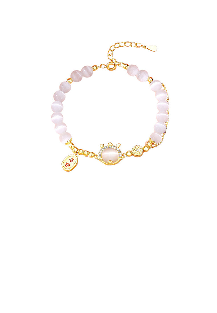 925 Sterling Silver Plated Gold Fashion Vintage Zodiac Dragon Imitation Cats Eye Beaded Bracelet with Cubic Zirconia - Luxurious Look