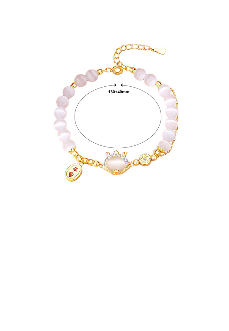 925 Sterling Silver Plated Gold Fashion Vintage Zodiac Dragon Imitation Cats Eye Beaded Bracelet with Cubic Zirconia - Luxurious Look