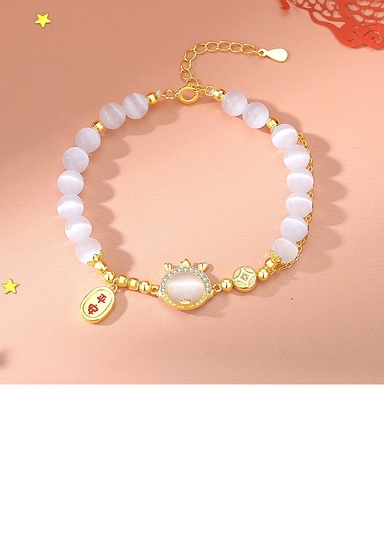 925 Sterling Silver Plated Gold Fashion Vintage Zodiac Dragon Imitation Cats Eye Beaded Bracelet with Cubic Zirconia - Luxurious Look
