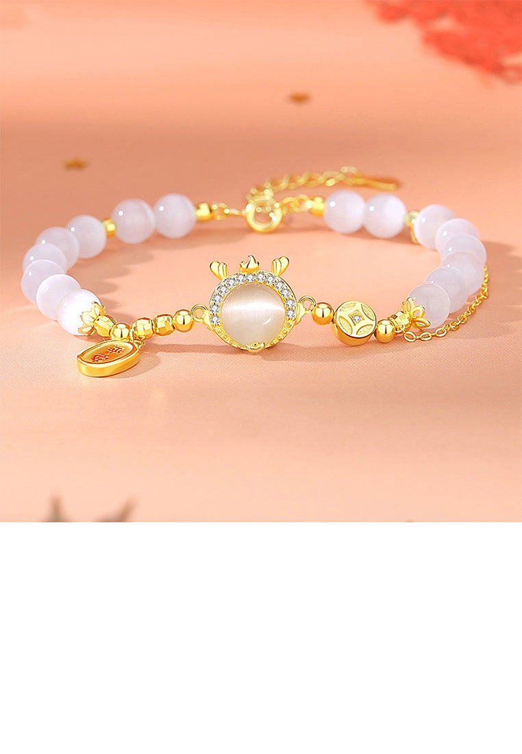 925 Sterling Silver Plated Gold Fashion Vintage Zodiac Dragon Imitation Cats Eye Beaded Bracelet with Cubic Zirconia - Luxurious Look
