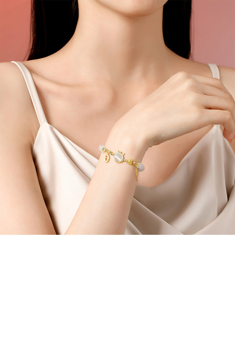 925 Sterling Silver Plated Gold Fashion Vintage Zodiac Dragon Imitation Cats Eye Beaded Bracelet with Cubic Zirconia - Luxurious Look