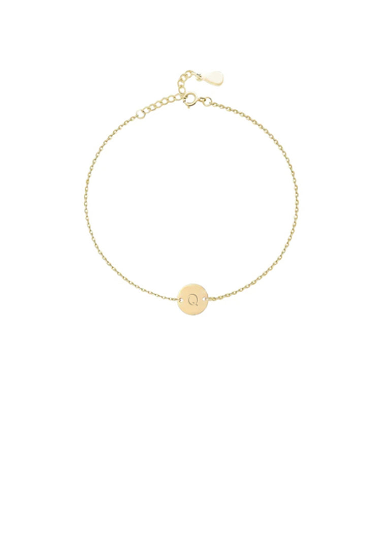 925 Sterling Silver Plated Gold Simple and Fashion Alphabet Q Round Bracelet