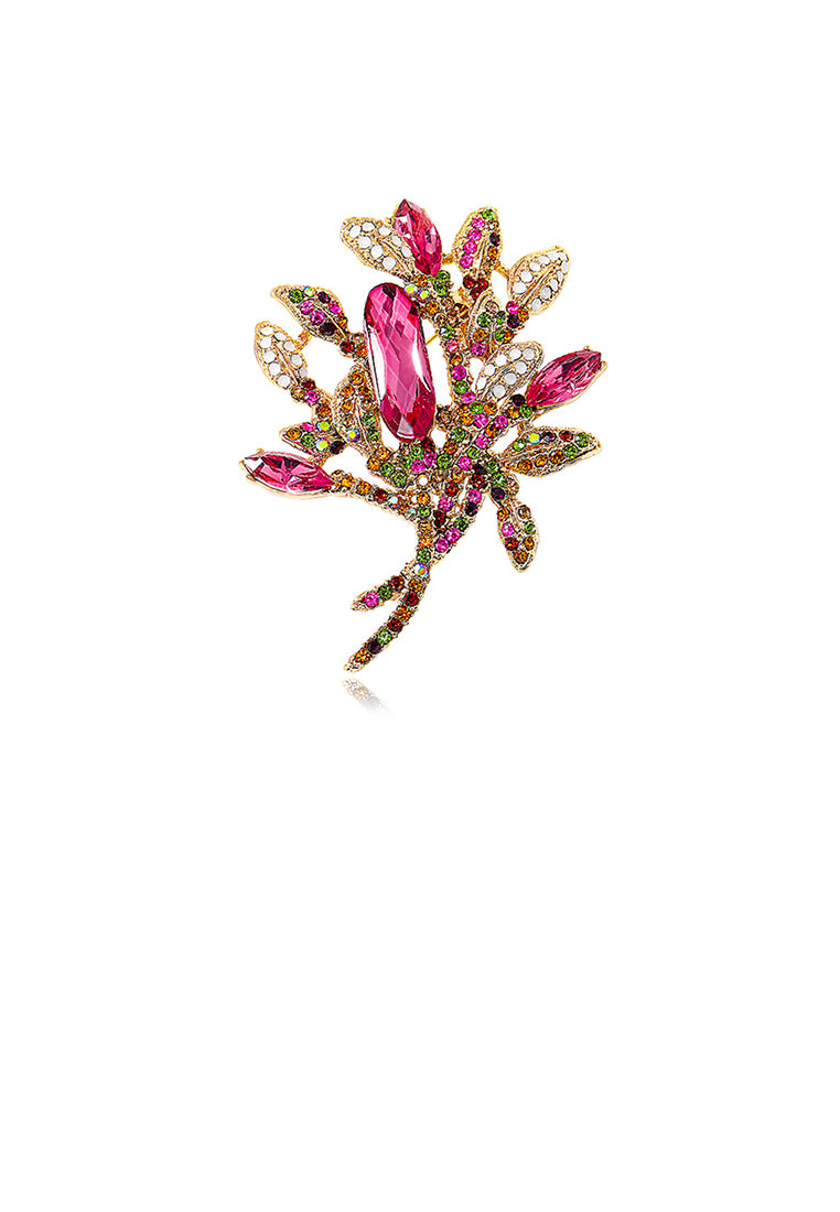 Fashion and Elegant Plated Gold Floral Brooch with Colored Cubic Zirconia - Luxurious Look