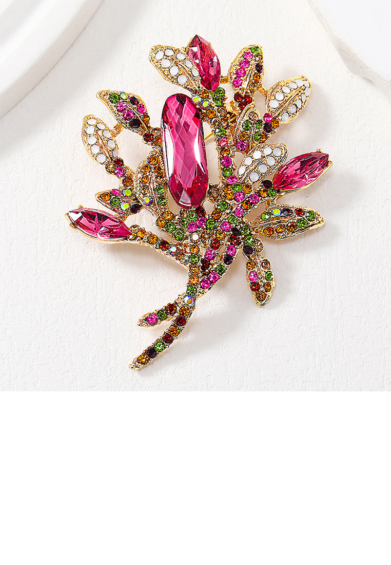 Fashion and Elegant Plated Gold Floral Brooch with Colored Cubic Zirconia - Luxurious Look