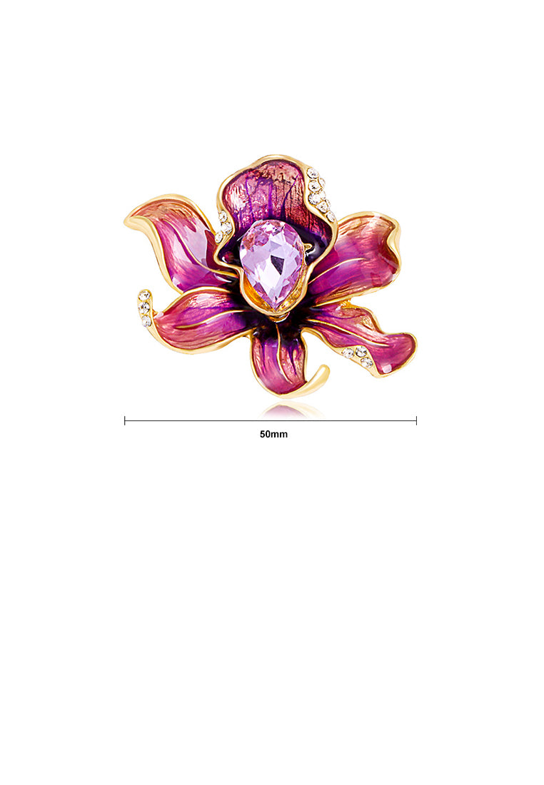 Elegant and Fashion Plated Gold Enamel Purple Peony Brooch with Cubic Zirconia - Luxurious Look
