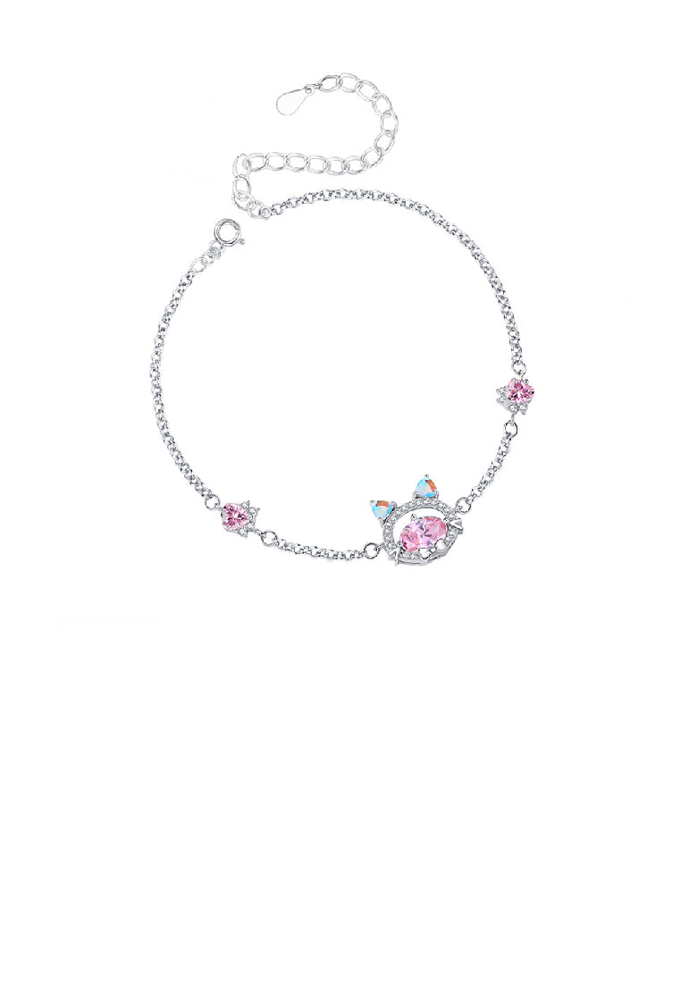 925 Sterling Silver Cute and Sweet Cat Bracelet with Pink Cubic Zirconia - Luxurious Look - Vibrant Color