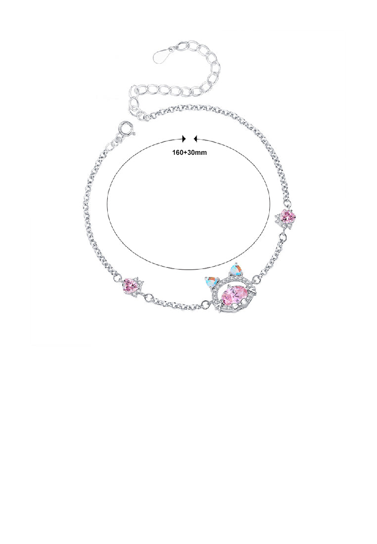 925 Sterling Silver Cute and Sweet Cat Bracelet with Pink Cubic Zirconia - Luxurious Look - Vibrant Color