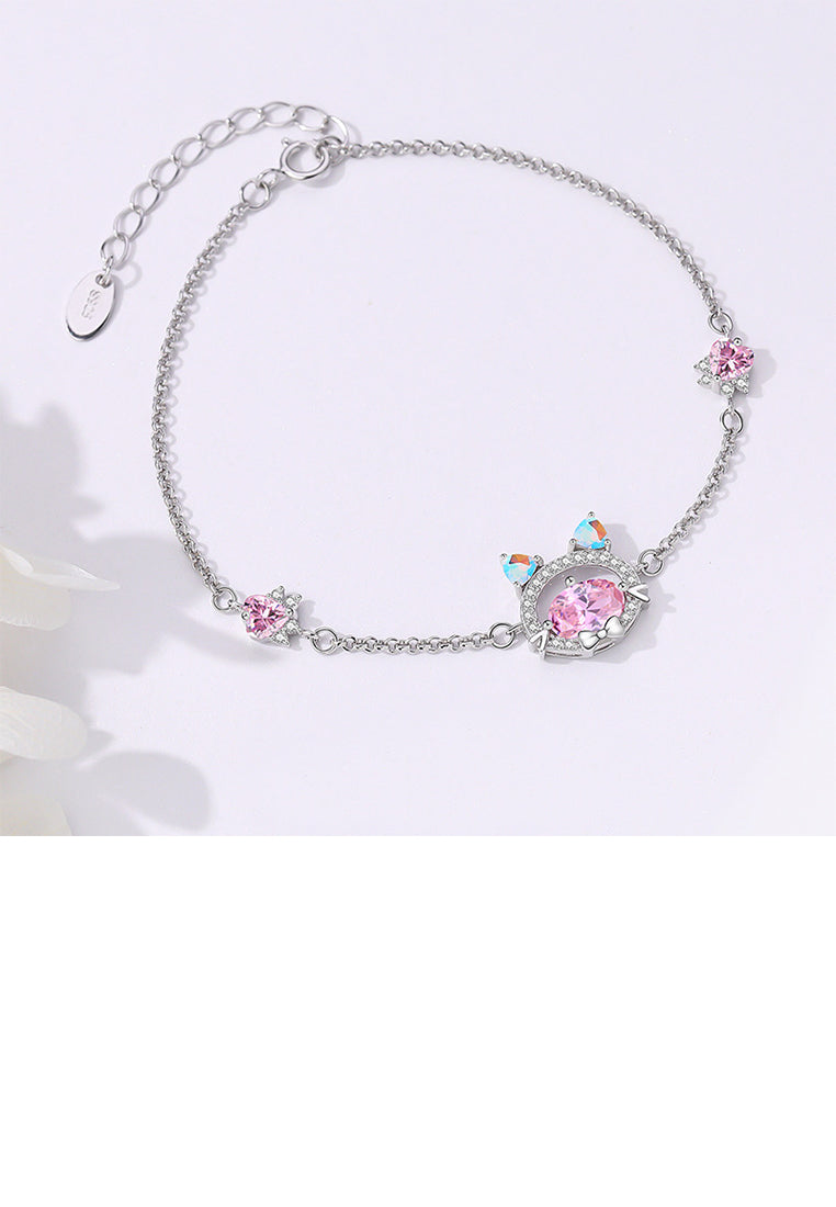 925 Sterling Silver Cute and Sweet Cat Bracelet with Pink Cubic Zirconia - Luxurious Look - Vibrant Color