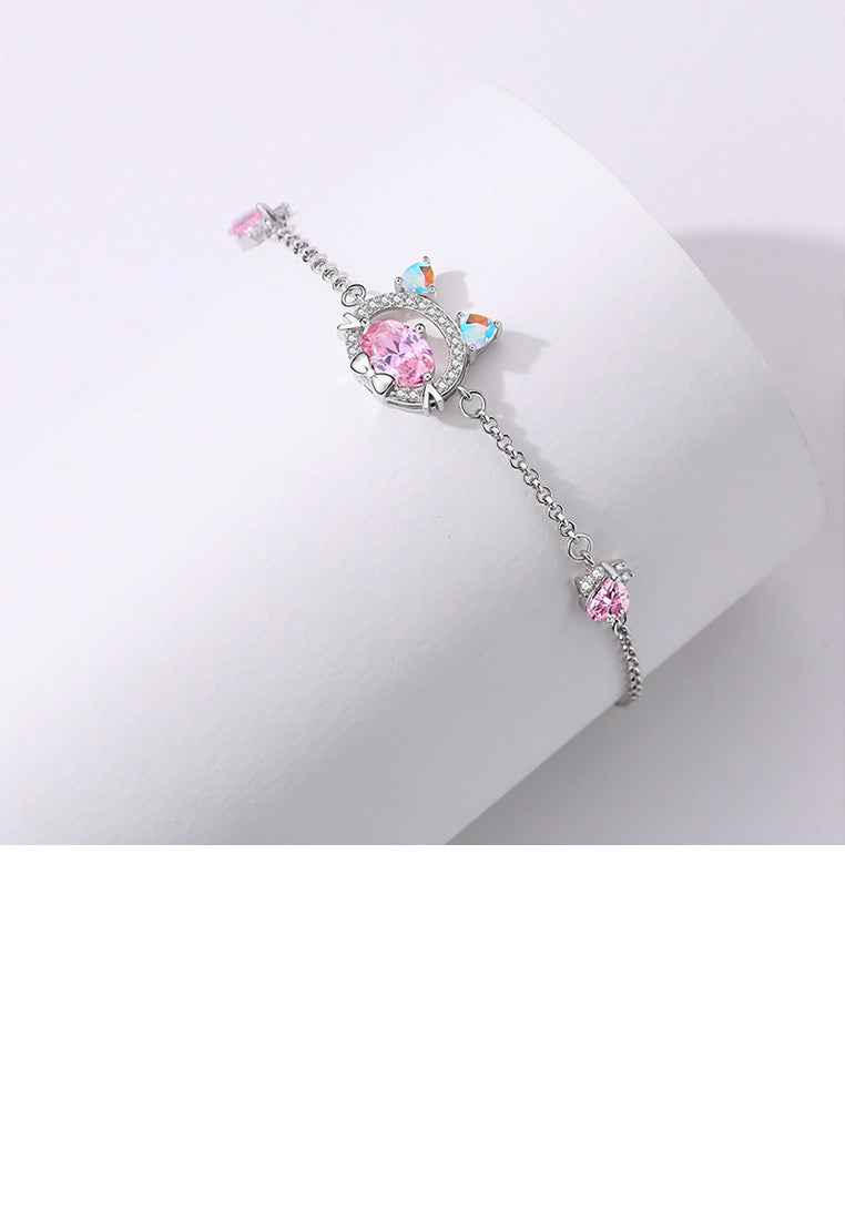 925 Sterling Silver Cute and Sweet Cat Bracelet with Pink Cubic Zirconia - Luxurious Look - Vibrant Color