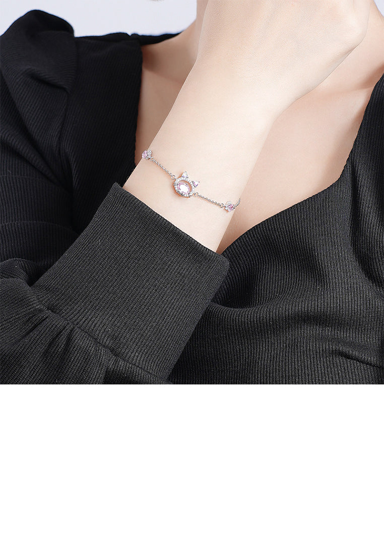 925 Sterling Silver Cute and Sweet Cat Bracelet with Pink Cubic Zirconia - Luxurious Look - Vibrant Color