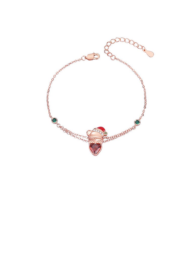 925 Sterling Silver Plated Rose Gold Simple Cute Christmas Bear Bracelet with Cubic Zirconia - Luxurious Look