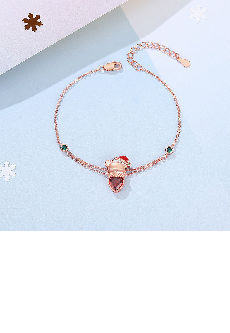 925 Sterling Silver Plated Rose Gold Simple Cute Christmas Bear Bracelet with Cubic Zirconia - Luxurious Look